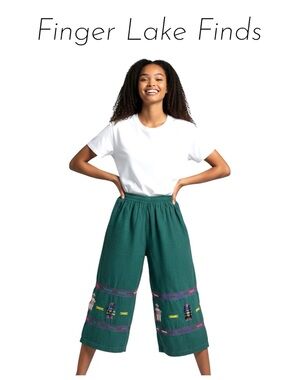 Handwoven 100% Cotton Embroidered Teal Cropped Pants, S